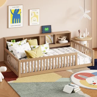 Kumix Twin XL Size Floor Bed with 4 Open Storage Cabinets and USB Ports, Solid Wood Daybed Frame with Semi-Enclosed Fence for Bedroom, No Weight Capacity Limit, Noise-Free, Easy Assembly, Natural
