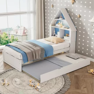 Kumix Twin Size House-Shaped Bed with Bookcase Headboard and LED Light and Twin Size Trundle for Kids Boys Girls, Wooden Platform Bed for Bedroom, No Box Spring Needed, Blue+White