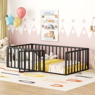 Kumix Floor Bed Twin Size, Metal Floor Bed with Fence and Door for Kids 1-3, Toddler Floor Bed with Safety Guardrail for Bedroom, Playroom, No Box Spring Needed, Easy Assembly, Black