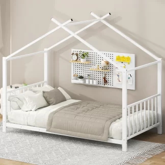 Kumix House Floor Bed, Metal Twin Size Platform Bed with House Shape, Slats Support for Kids, Boys/Girls, Toddler Floor Bed Frame for Bedroom, No Box Spring Needed, Easy Assembly, White