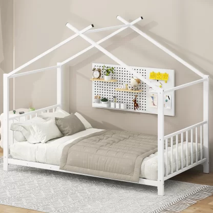 Kumix House Floor Bed, Metal Twin Size Platform Bed with House Shape, Slats Support for Kids, Boys/Girls, Toddler Floor Bed Frame for Bedroom, No Box Spring Needed, Easy Assembly, White