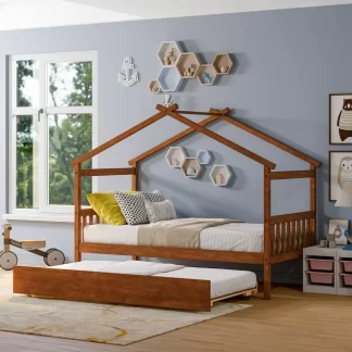 Kumix Platform Bed with Trundle, Wooden Twin Size House Bed with Roof Frame, Headboard and Footboard for Kids, Teens, Guests, Heavy Duty House Bed with Twin Trundle, Easy Assembly, Walnut