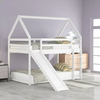 Kumix Bunk Bed with Slide for Kids, Wooden House Bunk Bed Twin over Twin with Full-Length Guardrail and Build-in Ladder for Boys Girls, Heavy Duty Bunk Bed Frame for Bedroom, Noise-Free, White