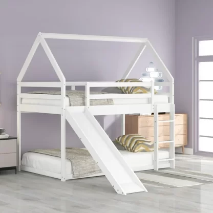 Kumix Bunk Bed with Slide for Kids, Wooden House Bunk Bed Twin over Twin with Full-Length Guardrail and Build-in Ladder for Boys Girls, Heavy Duty Bunk Bed Frame for Bedroom, Noise-Free, White