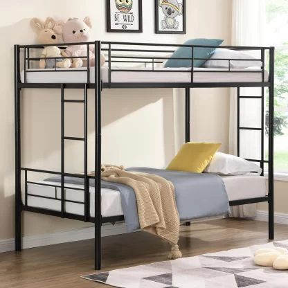 Kumix Bunk Bed Twin over Twin, Metal Bunk Bed with Full-Length Guardrail and Build-in Ladder for Kids Teens Adults, Heavy Duty Bunk Bed Frame for Bedroom, Dorm, Guests' Room, Easy Assembly, Black