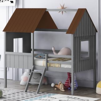 Kumix Twin Size Loft Bed for Kids, Wood House Bed with Two Side Windows Full Length Guardrail and Ladder for Boys/Girls, Low Loft Bed for Bedroom, Spacious Under Bed Space, Noise-Free, Gray+Brown