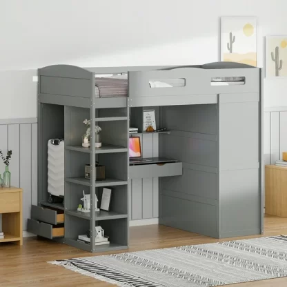 Kumix Loft Bed Twin Size with Desk, Wardrobes, 4 Drawers and 4 Shelves, Wood Loft Bed Frame with Full Length Guardrail and Ladder for Kids Teens Adults, Noise-Free, Easy Assembly, Gray