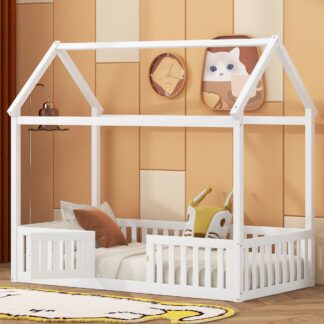 Kumix House Beds with Fence Guardrail and Door, Wood Twin Floor Beds with Roof Frame for Kids Teens, Toddler Floor Beds for Bedroom, Dorm, No Box Spring Needed, Easy Assembly, Noise-Free, White