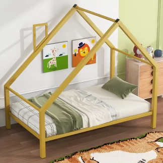 Kumix House Floor Bed with Roof and Chimney, Twin Size Metal Floor Bed with 20 Slats Support for Kids Teens Adults, Spacious Under Bed Space, Heavy Duty Floor Bed for Bedroom, Noise-Free, Gold