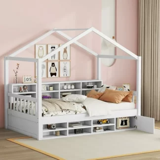 Kumix House Bed with Roof Frame, Shelves and a Mini-cabinet, Twin Size Wooden Platform Bed for Kids Teens Boys Girls, Heavy Duty House Bed for Bedroom, No Box Spring Needed, Easy Assembly, White