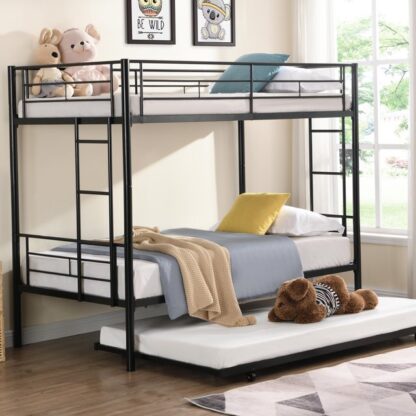 Kumix Bunk Bed with Trundle, Metal Bunk Bed Twin over Twin with Full-Length Guardrail and Build-in Ladder, Heavy Duty Bunk Bed Frame for 3 Kids Teens Adults, Noise-Free, Easy Assembly, Black