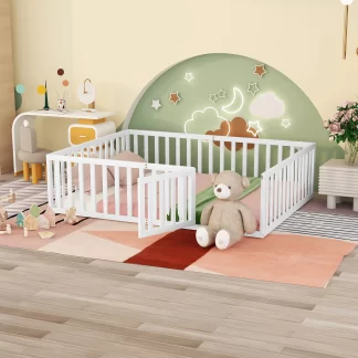 Kumix Queen Floor Bed for Kids with Fence and Door, Wood Floor Bed Frame for Toddler 1-3 Aged, Noise-Free Low Floor Bed for Bedroom, Dorm, No Weight Capacity Limit, Easy Assembly, White