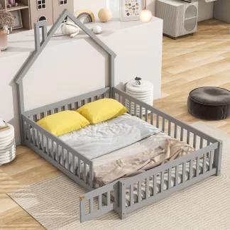 Kumix Floor Bed with Fence and Door House-Shaped Headboard, Full Size Solid Wood Floor Bed for Kids Boys Girls, Heavy Duty Toddler Floor Bed for Bedroom, No Weight Capacity Limit, Gray