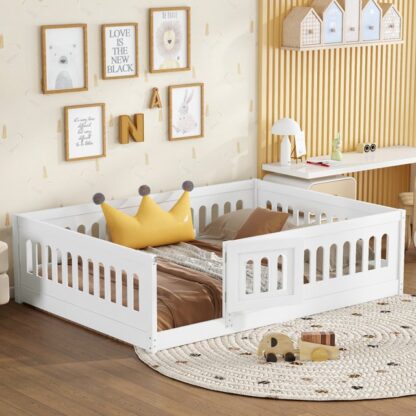 Kumix Floor Bed with Heightened Safety Guardrails and Door, Solid Wood Full Size Floor Bed with Fence for Girls, Boys, Noise-Free Toddler Floor Bed for Child Bedroom, Slats Included, White
