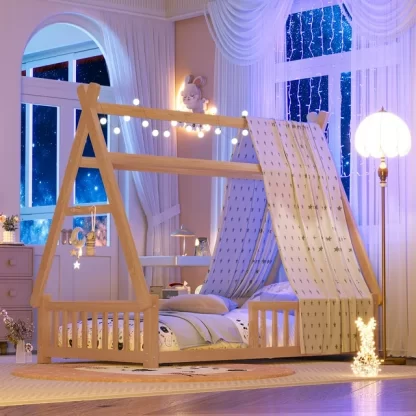 Kumix Floor Bed with Fence Guardrail and Roof, Twin Wooden House Bed Slats Support for Kids Boys Girls, Low House Tent Bed Frame for Bedroom, No Box Spring Needed, Easy Assembly, Natural