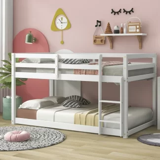 Kumix Bunk Bed with Full Length Guardrail and Build-in Ladder, Wood Low Bunk Bed Twin over Twin with Slats Support, Heavy Duty Bunk Bed Frame for Kids Teens Adults, Noise-Free, Easy Assembly, White