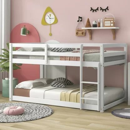 Kumix Bunk Bed with Full Length Guardrail and Build-in Ladder, Wood Low Bunk Bed Twin over Twin with Slats Support, Heavy Duty Bunk Bed Frame for Kids Teens Adults, Noise-Free, Easy Assembly, White