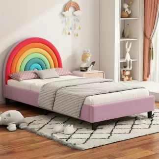 Kumix Platform Bed Twin Size, Rainbow Design Upholstered Platform Bed Cute Style Princess Bed with Slats Support for Boys & Girls, Platform Bed for Bedroom, No Box Spring Needed, Colorful & Pink