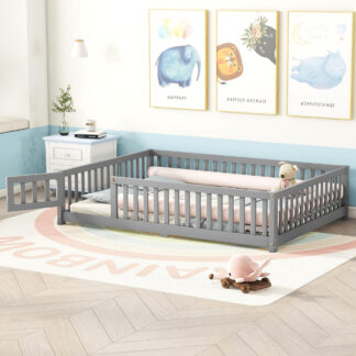Kumix Floor Bed Full Size, Toddler Bed for Kids Aged 1-3 with Fence and Door, Solid Wood Bed Frame for Bedroom, Apartment, No Box Spring Needed, Noise Free, Gray