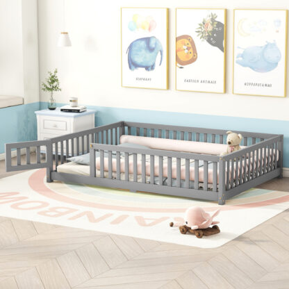 Kumix Floor Bed Full Size, Toddler Bed for Kids Aged 1-3 with Fence and Door, Solid Wood Bed Frame for Bedroom, Apartment, No Box Spring Needed, Noise Free, Gray