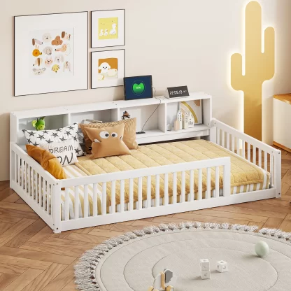 Kumix Twin XL Size Floor Bed with 4 Open Storage Cabinets and USB Ports, Solid Wood Daybed Frame with Semi-Enclosed Fence for Bedroom, No Weight Capacity Limit, Noise-Free, Easy Assembly, White