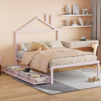 Kumix Platform Bed with Drawers, Full Size Metal House Platform Bed with House-Shaped Headboard Design and Slats Supports for Kids Teens Adults, Noise-Free Platform Bed for Bedroom, Dorm, Pink