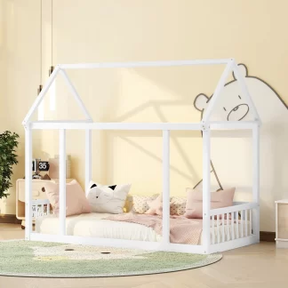 Kumix Toddler Floor Bed with House Roof Frame and Fence Guardrails, without Slats, Wood Twin Floor Bed Frame for Kids Toddler, Boys & Girls, House Floor Beds Twin Size, Easy Assembly, White
