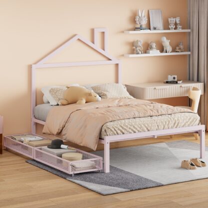Kumix Platform Bed with Drawers, Full Size Metal House Platform Bed with House-Shaped Headboard Design and Slats Supports for Kids Teens Adults, Noise-Free Platform Bed for Bedroom, Dorm, Pink