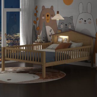 Kumix Platform Bed with House-shaped Headboard, LED and Built-in Storage, Wood Full Size House Bed with Slats Support for Kids Teens Boys/Girls, No Box Spring Needed, Noise-Free, Natural