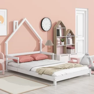 Kumix Full Size Floor Bed with Handrails and House-Shaped Headboard, Toddler Floor Bed for Kids 1-3 Aged, Wood Floor Bed Frame for Bedroom, Slat Support, Noise-Free, Easy Assembly, White