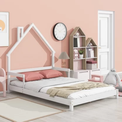 Kumix Full Size Floor Bed with Handrails and House-Shaped Headboard, Toddler Floor Bed for Kids 1-3 Aged, Wood Floor Bed Frame for Bedroom, Slat Support, Noise-Free, Easy Assembly, White