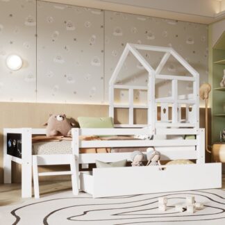 Kumix Full Size House Bed with Ladder and Storage Drawer for Kids Teens Boys & Girls, Solid Wood Platform Bedframe with 2 Blackboards Design, No Box Spring Needed, Noise-Free, White