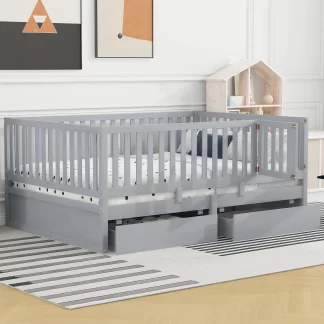 Kumix Wood Daybed with Fence Guardrails and 2 Drawers, Full Size Bed Can Split into Independent Floor Bed & Daybed Slats Support for Kids Teens Adults, No Box Spring Needed, Easy Assembly, Gray