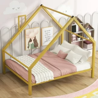 Kumix House Floor Bed with Roof and Chimney, Full Size Metal Floor Bed with 20 Slats Support for Kids Teens Adults, Spacious Under Bed Space, Heavy Duty Floor Bed for Bedroom, Noise-Free, Gold