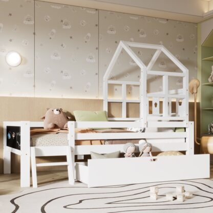 Kumix Full Size House Bed with Ladder and Storage Drawer for Kids Teens Boys & Girls, Solid Wood Platform Bedframe with 2 Blackboards Design, No Box Spring Needed, Noise-Free, White