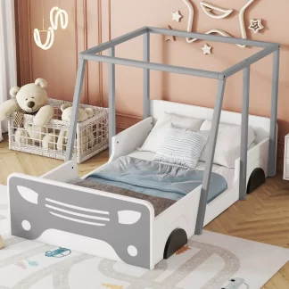 Kumix Floor Bed Car-shaped with Roof, Wooden Twin Floor Bed with Wheels and Door Design for Kids Toddlers, Twin Size Montessori Inspired for Bedroom, No Weight Limit, No Box Spring Needed, Gray
