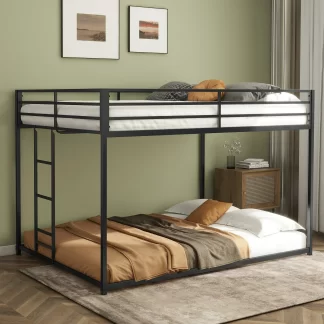 Kumix Bunk Bed with Build-in Ladder and Guardrails, Metal Full over Full Bunk Bed for Kids Teens and Adult, Low Profile Sturdy Bunk Bed Easy Climbing, Bunk Beds for Bedroom, Black