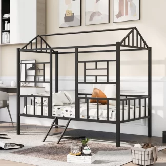 Kumix Bed Frame Twin Size, Metal House Bed with Roof Frame and Under Bed Space, Slatted Support, Guardrail and Ladder for Kids Young Teens, Heavy Duty Bed Frame for Bedroom, Black