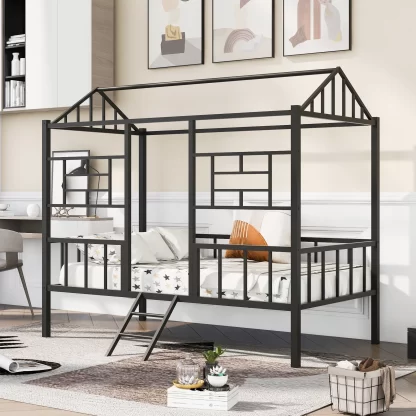 Kumix Bed Frame Twin Size, Metal House Bed with Roof Frame and Under Bed Space, Slatted Support, Guardrail and Ladder for Kids Young Teens, Heavy Duty Bed Frame for Bedroom, Black