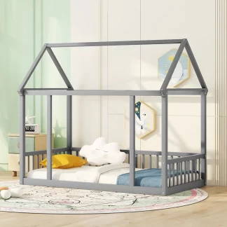 Kumix Toddler Floor Bed with House Roof Frame and Fence Guardrails, without Slats, Wood Twin Floor Bed Frame for Kids Toddler, Boys & Girls, House Floor Beds Twin Size, Easy Assembly, Gray