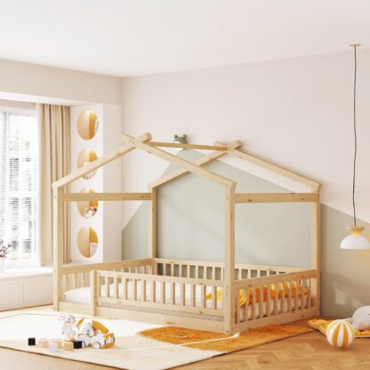 Kumix Floor Bed with Roof, Fence Guardrail, Wooden Full Size House Bed with Slats Support for Kids Teens, Girls, Boys, Toddler Floor Bed for Bedroom, No Box Spring Needed, Easy Assembly, Natural