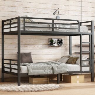 Kumix Bunk Bed Twin XL over Twin XL, Metal Bunk Bed with Full-Length Guardrail and Build-in Ladder, Under Bed Space for Kids Teens Adults, Bunk Bed Able to Split/Space-Saving/Noise Reduced, Black