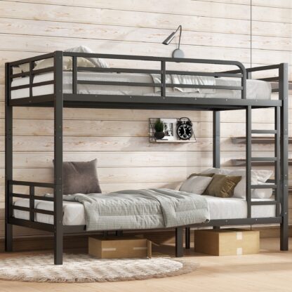 Kumix Bunk Bed Twin XL over Twin XL, Metal Bunk Bed with Full-Length Guardrail and Build-in Ladder, Under Bed Space for Kids Teens Adults, Bunk Bed Able to Split/Space-Saving/Noise Reduced, Black