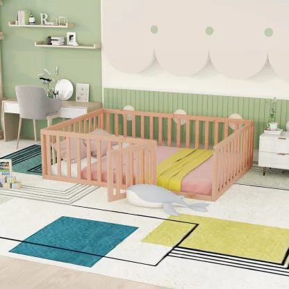 Kumix Full Floor Bed for Kids with Fence and Door, Wood Floor Bed Frame for Toddler 1-3 Aged, Noise-Free Low Floor Bed for Bedroom, Dorm, No Weight Capacity Limit, Easy Assembly, Natural