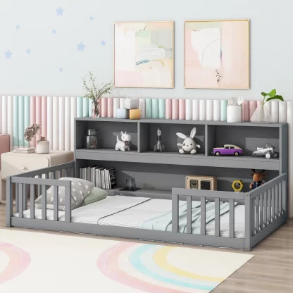 Kumix Floor Bed Twin Size with Bedside Bookcase, Shelves, Fence Guardrails, Wood Floor Bed Frame for Kids Boys/Girls, No Weight Capacity Limit, No Box Spring Needed, Easy Assembly, Gray