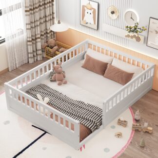Kumix Floor Bed with Fence Guardrail, Full Size Floor Bed for Kids Toddlers, Wood Floor Beds Frame for Bedroom Playroom, No Weight Capacity Limit, No Box Spring Needed, Easy Assembly, White