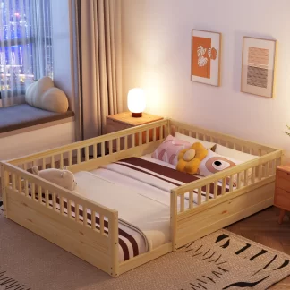 Kumix Floor Bed with Fence Guardrail, Full Size Floor Bed for Kids Toddlers, Wood Floor Beds Frame for Bedroom Playroom, No Weight Capacity Limit, No Box Spring Needed, Easy Assembly, Natural