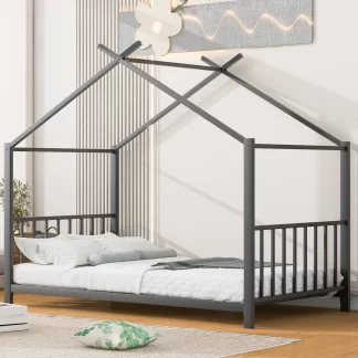 Kumix House Floor Bed, Metal Twin Size Platform Bed with House Shape, Slats Support for Kids, Boys/Girls, Toddler Floor Bed Frame for Bedroom, No Box Spring Needed, Easy Assembly, Black