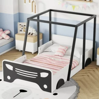 Kumix Floor Bed Car-shaped with Roof, Wooden Twin Floor Bed with Wheels and Door Design for Kids Toddlers, Twin Size Montessori Inspired for Bedroom, No Weight Limit, No Box Spring Needed, Black