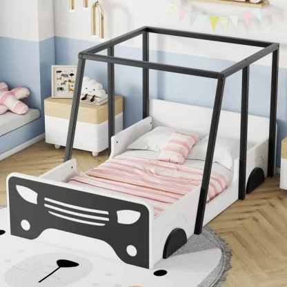 Kumix Floor Bed Car-shaped with Roof, Wooden Twin Floor Bed with Wheels and Door Design for Kids Toddlers, Twin Size Montessori Inspired for Bedroom, No Weight Limit, No Box Spring Needed, Black